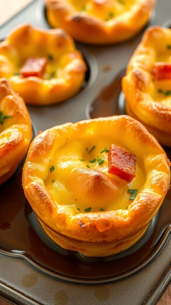 Golden Yorkshire pudding in muffin tin, served with gravy and herbs.
